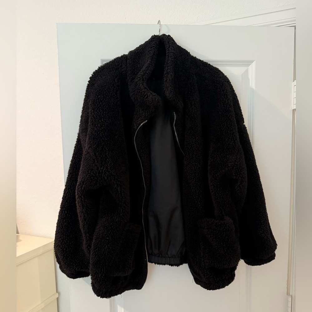 Zaful Black Slip Pockets Faux Fur Teddy Coat - size Large